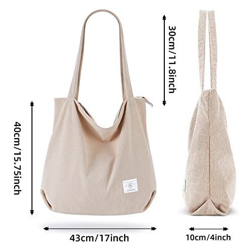 KALIDI Women Corduroy Tote Bag Zipper Casual Tote's Handbag Big Capacity Shoulder Bag with Pockets - color: Cream White