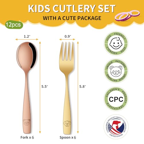 DEHOV Colorful Toddler Eating Utensils Set,Set Of 12 Food Grade Stainless Steel Silverware Sets For Kids,Dishwasher Safe Children Small Metal Spoons And Forks Flatware Sets - color: Colorful