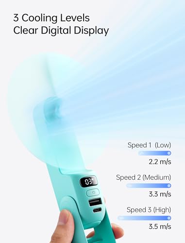 JISULIFE Portable Handheld Fan, 3 In 1-Fan, Power Bank, Flashlight, Cyan - color: Cyan