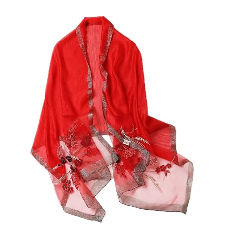 Jeelow Long Silk Blend Embroidered Floral Shawl Scarf Wrap for Women - color: Scarlet Whisper
