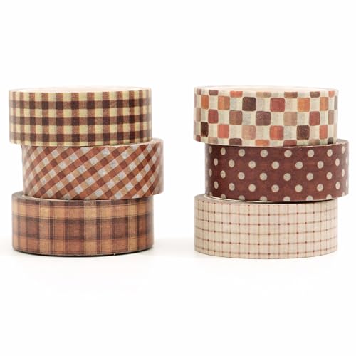 YUBBAEX 6 Rolls Plaid Washi Tape Set, Grid Pattern Masking Tape Classic Checkered Design Decorative for DIY Crafts, Bullet Journal Supplies, Planners, Scrapbook, Card/Gift Wrapping (Brown) - color: Brown