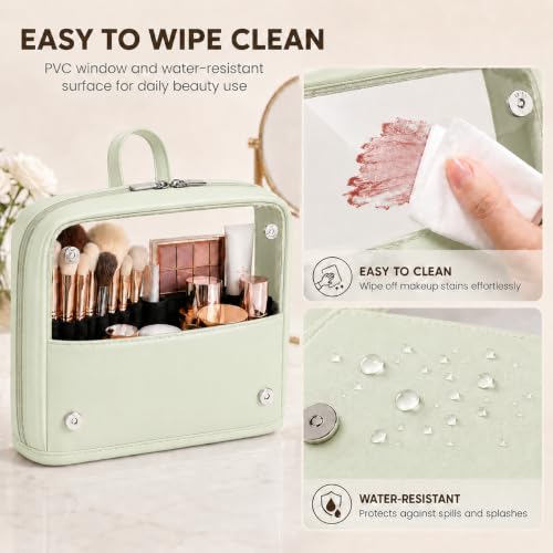 YDR Standing Makeup Brush Bag - Clear Portable Travel Cosmetic Pouch, Large Capacity Foldable Makeup Brush Holder, Water-Resistant Professional Makeup Tool Case for Women & Artists (Light Green) - color: Light Green