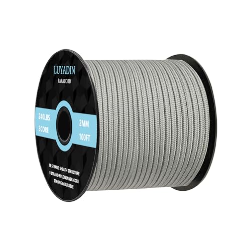 Paracord 240lb - Diameter 2mm Micro Utility Cord -3 Strand Parachute Spool Cord - 100ft 200ft,Paracord for Camping,Hiking,Fishing,Outdoor and DIY - color: Gray, size: 100 ft