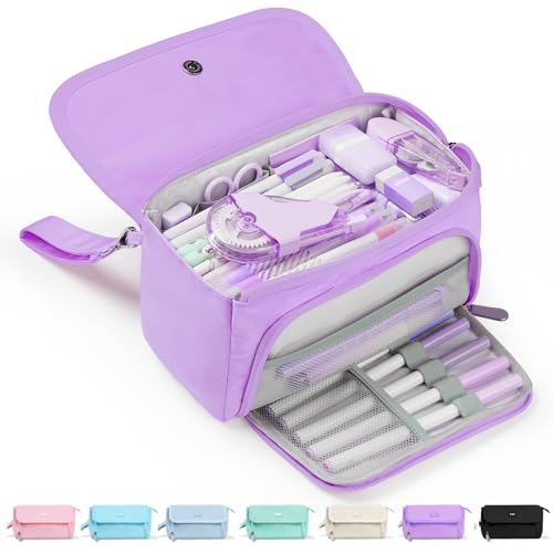 Sooez Super Large Pencil Case, Big Capacity Pencil Bag with 3 Compartments - color: Purple