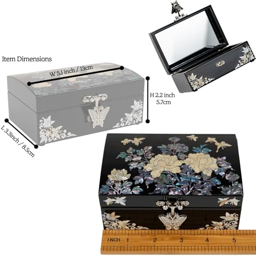 February Mountain Korean Mother of Pearl Jewelry Box – Red Floral Peony Design with Butterfly Clasp, Removable Velvet Tray – Christmas Gift for Women, Birthday, Anniversary, Keepsake Storage - color: Red