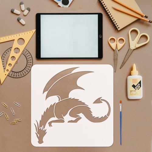 FINGERINSPIRE Dragon Painting Stencil with Paint Brush 11.8x11.8inch Pterosaur Drawing Template Dragon Pattern Stencil Corner Theme Decoration Template for Painting on Wood Wall Fabric Furniture - style: Dragon