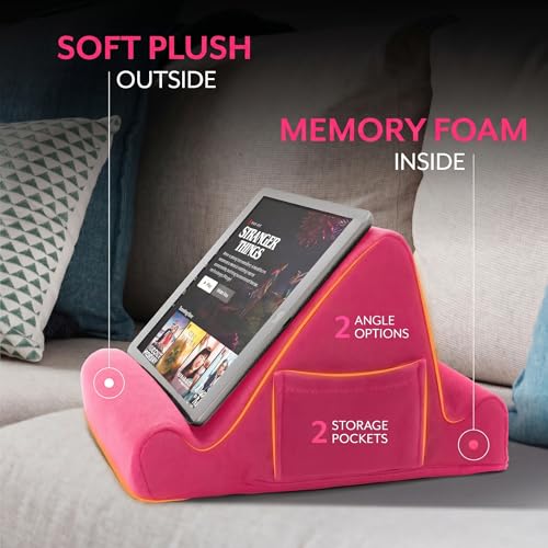 Brookstone Tablet Lap Cushion - Tablet/Phone/Ebook Holder for Bed, Flights, and Travel, Memory Foam Lap Desk for Reading and Hands Free Viewing, Compatible iPad and Kindle Accessories, Pink - color: Hot Pink