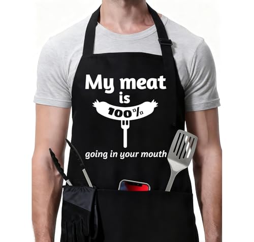 Rosoz Funny BBQ Black Chef Aprons for Men Adjustable Kitchen Cooking Aprons - color: My Meat is 100% Going