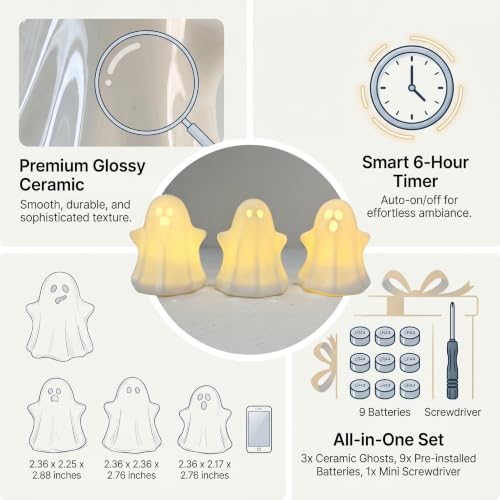 Ceramic Ghost Decor, Light Up Ghost Figurines for Halloween Decorations - color: Glossy White