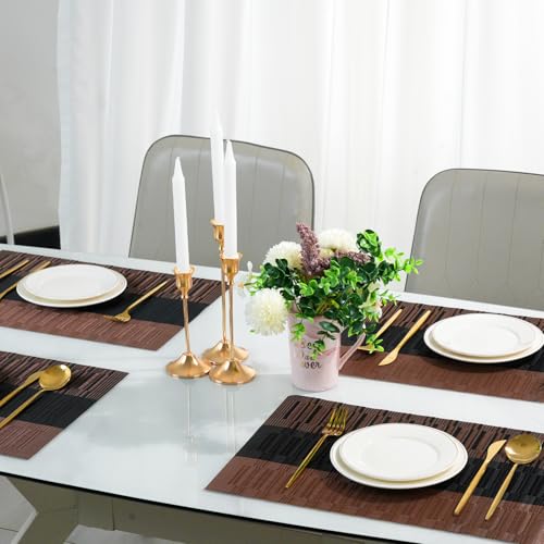 Placemats Set of 6，Non-Slip PVC Weave Table Mats Easy to Clean，Heat Resistant Place Mats for Kitchen Dining Table Decoration Indoor Outdoor，Black Brown - color: Black Brown