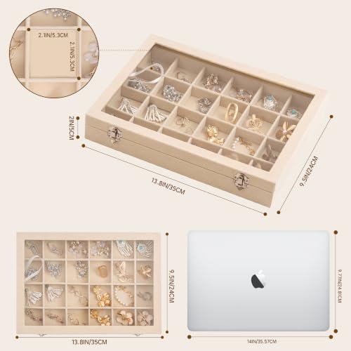 Frebeauty 24 Grid Earring Organizer,Velvet Jewelry Tray with Clear Lid - color: Beige, size: 24 Grid