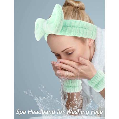 VELSCRUN Spa Headband, Makeup Face Wash Skincare Headbands, 6 Pcs Bright Green Sponge Bow Tie Get Ready HairBand Facial Wristband Set, Stuff for Teen Girls Women Trendy Fashion Hair Accessories - color: Bright Green
