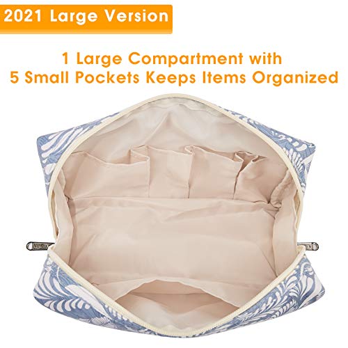 Narwey Makeup Bag Travel Toiletry Bag, Cosmetic Bag for Women Girls - color: Blue Leaf, style: Large