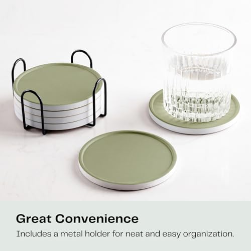 Set of 6 Olive Green Coasters with Holder, Absorbent Ceramic Drink Coasters with Cork Backing for Table Protection, Table Decor, Housewarming Gifts - color: Olive Green
