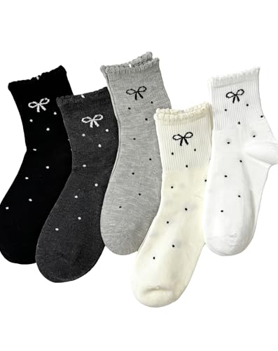 5 Pairs Ruffle Polka Dot Bow Ankle Socks for Women Grils Cute Frilly Lettuce Edge Coquette Cotton Socks Trendy Girly Aesthetic Casual Crew Sock