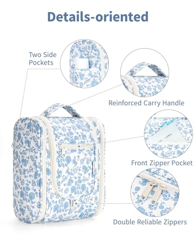 Narwey Hanging Travel Toiletry Bag for Women, Makeup Cosmetic Bag - color: B-Blue Flower, size: Medium