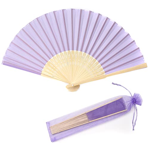 24pcs Imitated Silk Hand Fan Imitated Silk Fabric Bamboo Handheld Folded Fan Bridal Dancing Props Church Wedding Party Favors with Organza Bags (Light Purple) - color: Light Purple