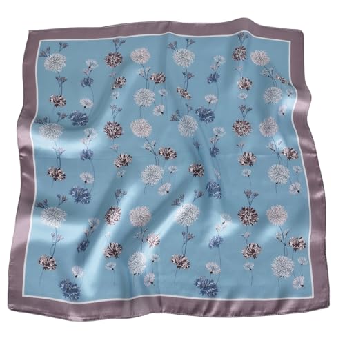 Women 100% Mulberry Silk Neck Scarf 21" Square Floral Neckerchief - color: Grey Blue Floral