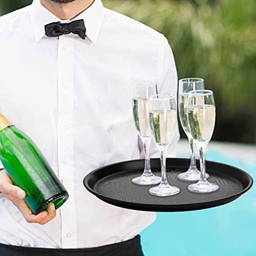 Hacaroa 4 Pack Round Restaurant Serving Trays, 11.5 Inch Plastic Food Service Trays Non-Skid Food Platter for Cafeteria, Bar, Coffee Shop, Hotel, Tailed Lines, Black
