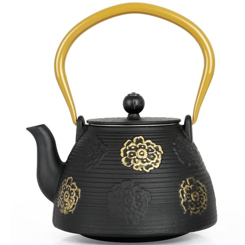 Ufine Cast Iron Teapot with Stainless Infuser Enameled Interior 40oz/1200ml - color: Black Sakura