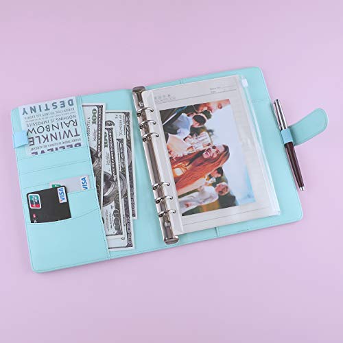 Antner A5 Notebook Binder 6 Ring Refillable Budget Planner Cover for Cash Organizer, PU Leather Loose Leaf Photocard Holder Aesthetic Binder with Magnetic Buckle for A5 Planner Inserts, Mint Blue - color: Mint Blue