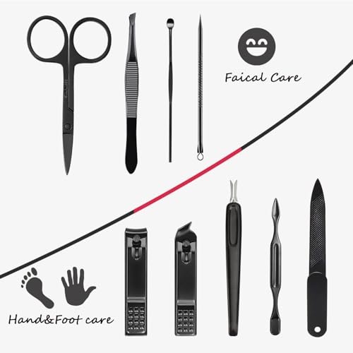 HANTEKAS Manicure Set 9 in 1 Stainless Steel, Nail Clippers Scissors Pedicure Tools Kit - Portable Travel Grooming Kit for Men and Women with Black/Red Leather Case (Red) - color: Red