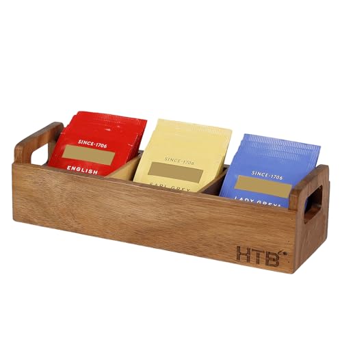 HTB Acacia Wood Small Tea Bag Box with 3 Compartments for Counter Drawer - color: Acaica Wood 1PCS