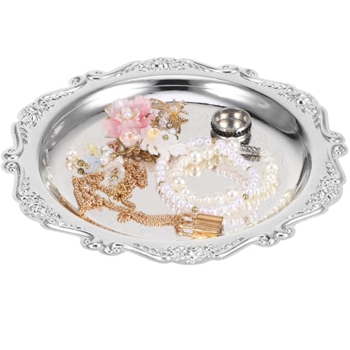 Sewroro Silver Serving Tray Round Iron Dessert Platter Snack Serving Platter for Home Entertaining and Jewelry Display - color: Silver