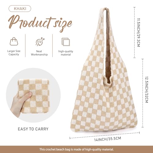 hatisan Crochet Bag for Women, Handmade Knit Beach Tote Bag Summer - color: Khaki Checkered-a