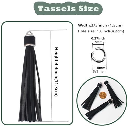 4.3'' Black Leather Tassels 12Pcs with Silver Caps - color: Black