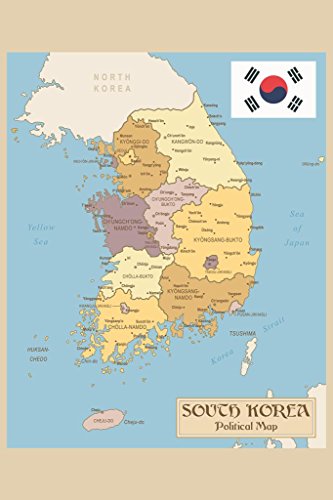 South Korea Vintage Political Map Poster Republic of Korea Provinces with Flag With North Korea Yellow Sea Of Japan Geography Map Cool Wall Art Print Poster 24x36 - size: 36"L x 24"W