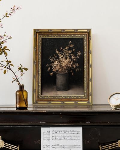 Vodefoad Vintage Floral Gold Framed Wall Art, Moody Fall Dried Flowers Vase Wall Painting, Retro Rustic Botonical Still Life Fall Wall Decor, Dark Moody Wall Art, Antique Still Life Wall Art Artwork Pictures for Gallery Bedroom Kitchen Office Living Room