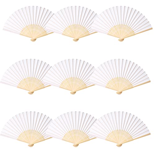 24pcs White Imitated Silk Hand Fan Imitated Silk Fabric Bamboo Handheld Folded Fan Bridal Dancing Props Church Wedding Party Favors with Organza Bags (White) - color: White