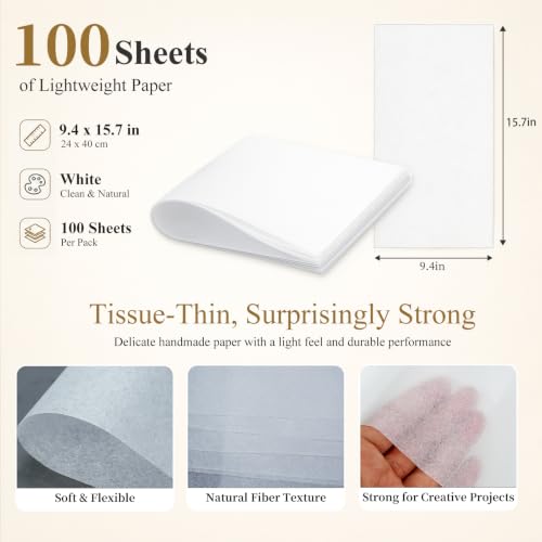 100 Sheets Cicada Wing Rice Paper - Handmade Bamboo Pulp Xuan Paper for Mixed Media, Gelli Printing & Calligraphy - Ultra-Thin, Strong & Translucent Art Paper for Collage, Layering & Journaling - color: A-White