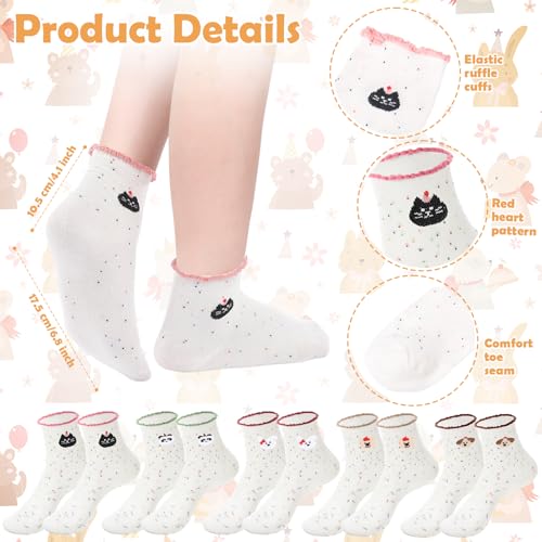 Chicingyou 10 Pairs Women Ruffle Socks Coquette Girly Frilly Cotton Crew Sock Bow Animal Heart Breathable Ankle Socks - color: Colorful, style: Animals