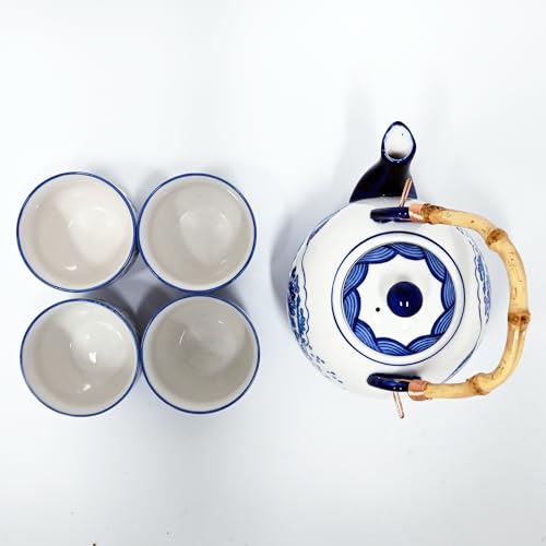 Urban Tokyo Hokusai Inspired Great Wave Porcelain Tea Set with Bamboo Handle, 30 oz Teapot with 4 Cups, Blue and White, Gift Box