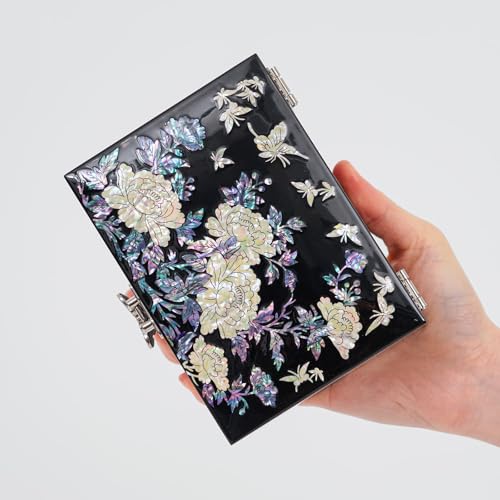 February Mountain Elegant Mother of Pearl Jewelry Organizer Box with Mirror Lid - Gifts for women birthday unique Anniversary Christams and Special Occasions - style: Peony Flowers