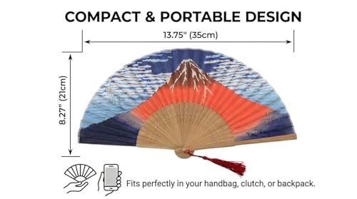 Silk Folding Hand Fan with Great Wave & Mt Fuji Design, 13.75” Handheld Bamboo Accessory with Tassel & Matching Pouch, Portable Oriental Art, Wedding Favor, Festivals - color: Great Wave & Mt Fuji