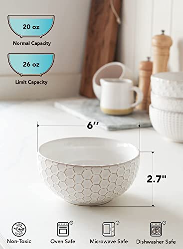 LE TAUCI Cereal bowls 26 oz, Ceramic Soup Bowl for Kitchen, Embossment Stoneware Bowl for Pho, Chip, Fruits, Salad, Noodle, Ramen, Suit For Housewarming - 6 Inch, Set of 4, Arctic white - size: 6 INCH