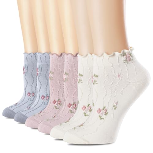 Women‘s Ruffle Ankle Socks,Vintage Patterned,Short Casual Dress Sock,Cute Princess Lettuce Floral Socks 6 Pack - color: 6pairs(pink,white,grey)