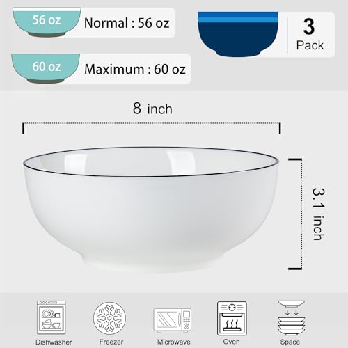 60 oz Large Soup Bowl, Pho Bowls, 8-Inch Rimmed Off-White Porcelain Bowls Set of 3, Perfect for Hearty Meals and Serving - size: 8 Inches Diameter, 60 Fluid Ounces Capacity
