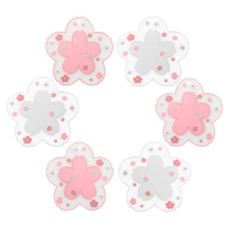 Sakura Coasters Set of 6 Kawaii Cup Mat Anti-Skid Pot Bowl Pad Placemats PVC Cherry Blossom Coaster for Drinks Coffee Table Cute Room Home Kitchen Decor Kawaii Desk Accessories(4.3in) - size: Small 6pcs