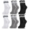 Womens White Crew Socks 6 Pair Striped Trim Casual Crew Socks - color: Black, White, Gray