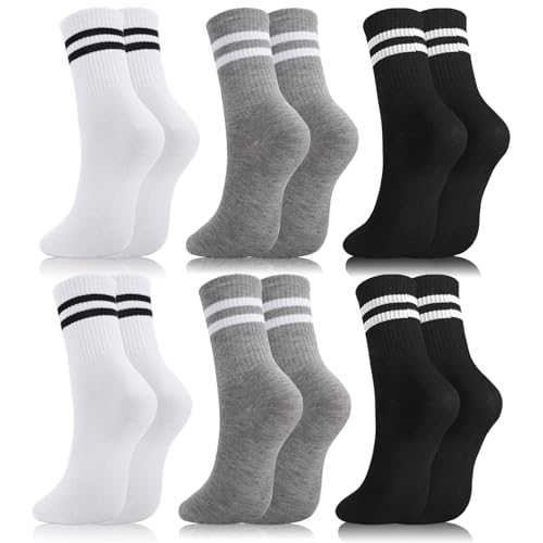 Womens White Crew Socks 6 Pair Striped Trim Casual Crew Socks - color: Black, White, Gray