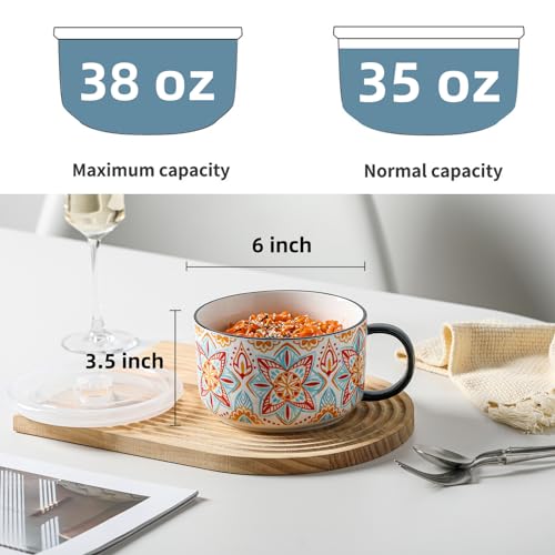 Jumbo Ceramic Soup Bowl with Lid, Microwave Safe - Pattern D - color: Pattern D, size: Set of 1