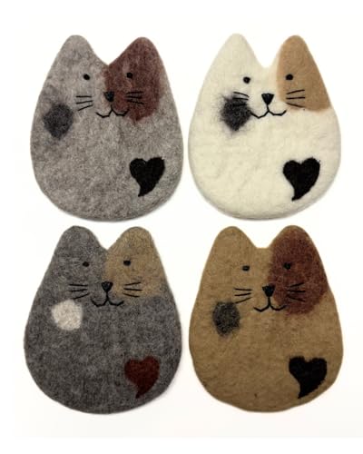 Humble Hilo Handmade Animal Felt Coaster Set of 4, Absorbent Coaster for Animal Lover (Cats) - color: Cats