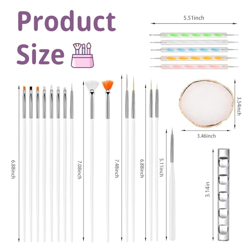 22 Pcs Nail Art Brushes Set with Resin Palette and Silicone Carving Pen,Professional Nail Art Tools Kit for DIY Gel Polish,Includes Dotting Tools and Nail Art Palette,white