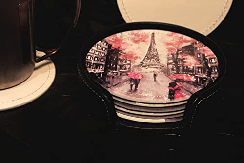 France Eiffel Tower Coasters For Drinks With Holder Leather Coasters Set Of 6 Table Decor Protect Furniture From Water Marks Scratch And Damage - color: Black1