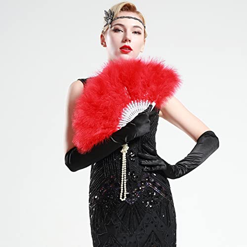 BABEYOND 1920s Marabou Feather Folding Hand Fan - color: Red