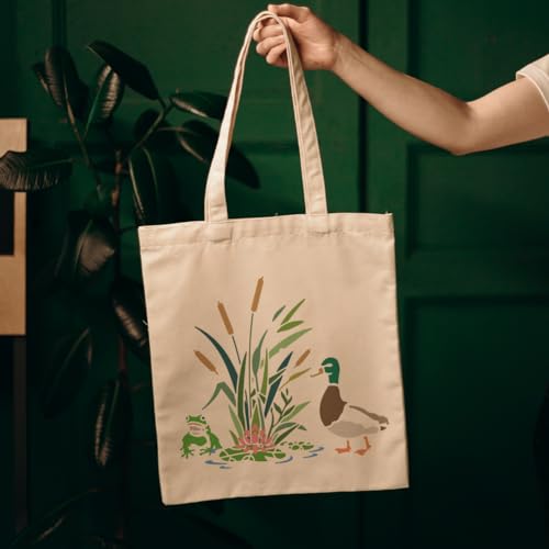 MAYJOYDIY Cattail Duck Frog Stencil 11.8×11.8inch Reusable Lotus Leaves and Flowers Stencils with Paint Brush Marsh Lakeside Scenery Drawing Templates for Crafts Wall Art Furniture Wood Canvas - color: Cattail Duck Frog